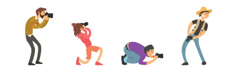 Professional Photographer with Camera Take Photo Vector Set