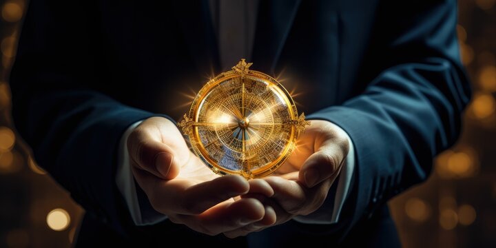 Businessman holding compass of navigate on global economic crisis to resume business growth, Rethink, Reinvent and Recover. on graph growth background