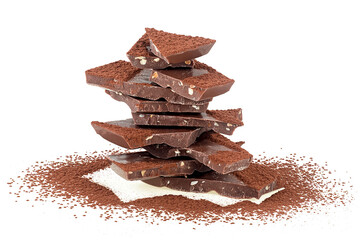 Pile of milk chocolate bar with cocoa powder isolated on a white background. Chocolate bars with chopped nuts.