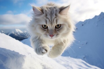 
In this photo, a two-tone cat is skiing, facing the camera, with a background of snow
