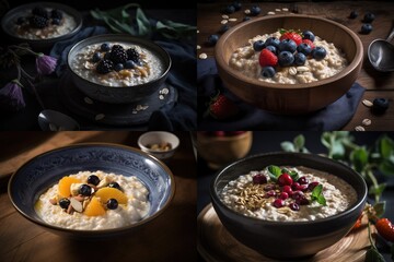 Oat Porridge, Oatmeal with Fruits and Berries, Oat Flakes Porrige Abstract Generative AI Illustration