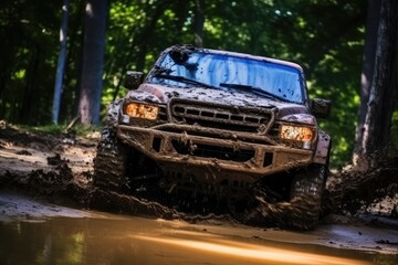 Off Road Vehicle Coming out of a Mud Hole Hazard, Generative AI Illustration