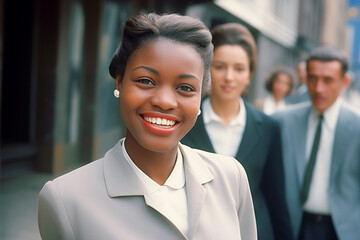 Retro style African American from 1960s walking to work with beautiful old-fashioned clothes.