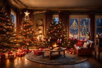 Fototapeta na wymiar A cozy Christmas living room adorned with twinkling lights, crackling fireplace, and a lavishly decorated tree