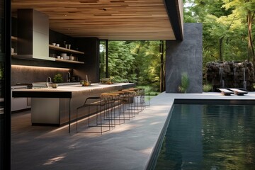 Interior design of a kitchen in a modern house with an open terrace and swimming pool