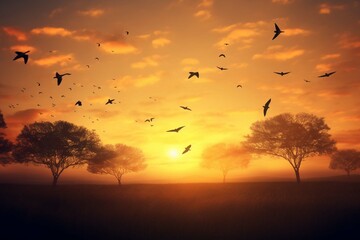 International human solidarity day concept: Silhouette birds flying in shape of heart on meadow autumn sunrise landscape background
