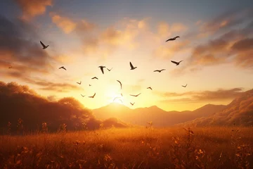 Fotobehang International human solidarity day concept: Silhouette birds flying in shape of heart on meadow autumn sunrise landscape background © Amal