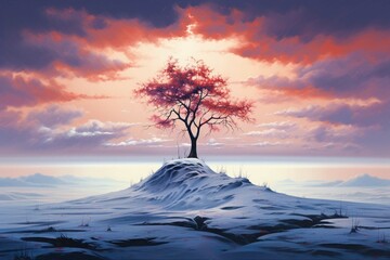 Lonely tree on top of a hill in a snowy landscape, lithography, sunset: