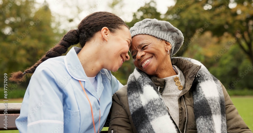 Poster Nurse, happy and friends with old woman on park bench for retirement, elderly care and support. Trust, medical and healthcare with african patient and caregiver in nature for nursing rehabilitation