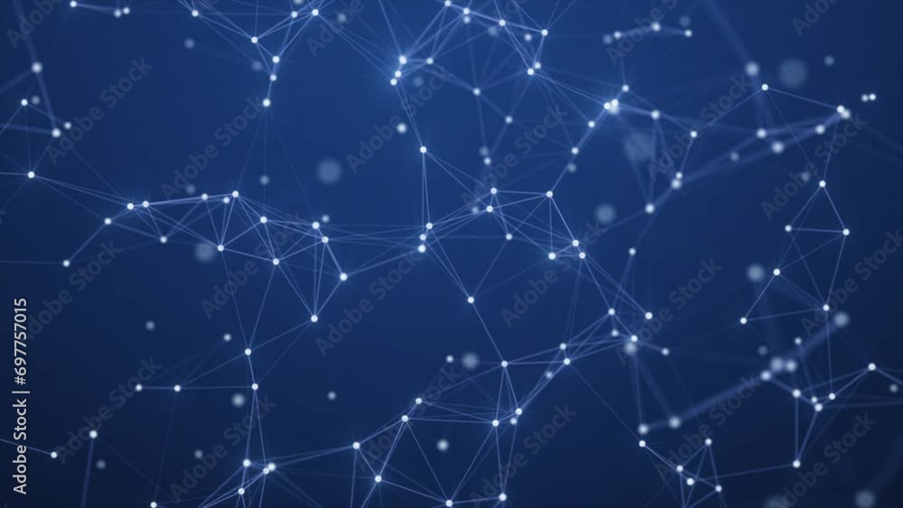 Poster dots and lines in the center blur in slow motion with a dark blue background, cybersecurity, and net