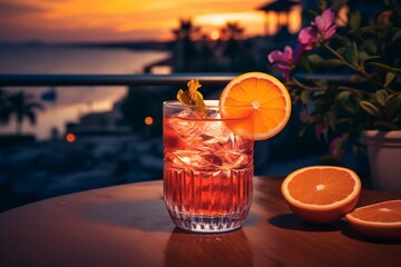 Orange Cocktail on a table, alcohol, paradise, beautiful moment, red cocktail, spritz, beautiful view, lemon slice, luxury, summer night, bar and restaurant, fresh beverage,
