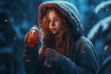 Photo of girl holding a bottle of water and drinking in beautiful winter scene: