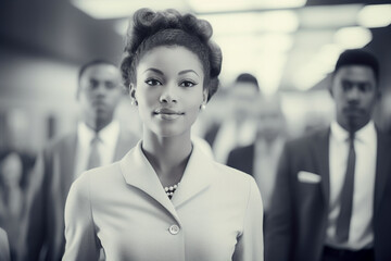 Retro style African American from 1960s walking to work with beautiful old-fashioned clothes.