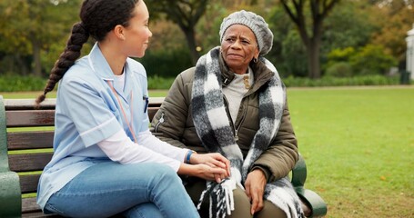 Nurse, happy and relax with old woman on park bench for retirement, elderly care and conversation. Trust, medical and healthcare with senior patient and caregiver in nature for nursing rehabilitation