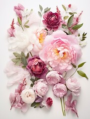 Peoniesroses on white background with copy space.Romantic feminine composition, mother's day,International Women day,generated with AI.