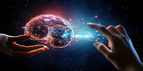 Hand touching brain of AI, Symbolic, Machine learning, artificial intelligence of futuristic technology. AI network of brain on business analysis - obrazy, fototapety, plakaty