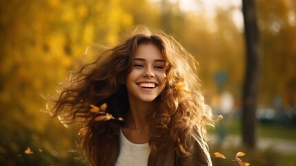 Portrait of beautiful young woman with long curly hair in autumn park