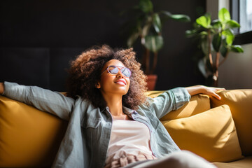 Contented Afro-American Female Resting on Sofa