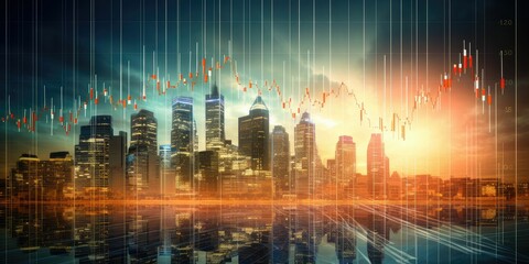 Trading and real estate investing concept with graph data and digital stock market, Financial and banking on business skyscrapers background - obrazy, fototapety, plakaty