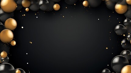 Black and gold balloons with confetti on black background