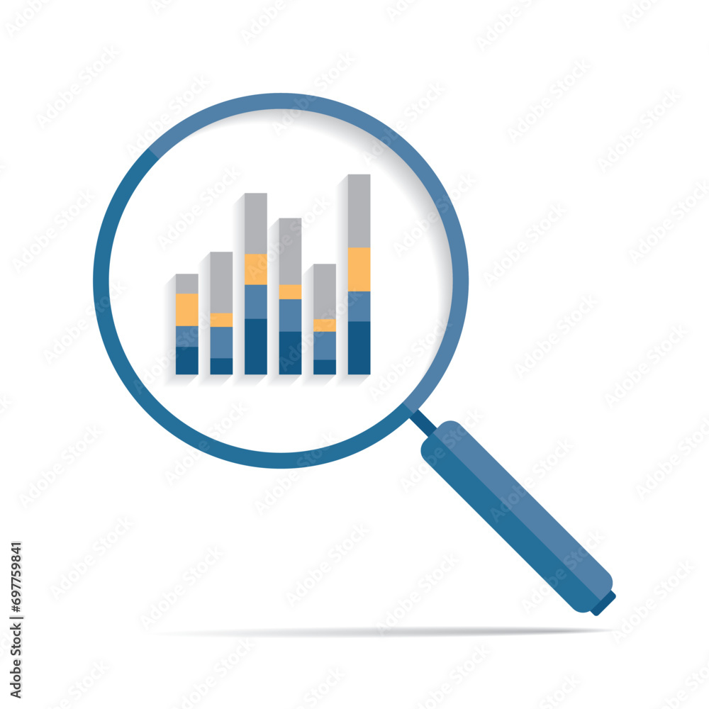 Poster magnifying glass icon in flat style. search loupe and diagrams on color background. zoom progress ch