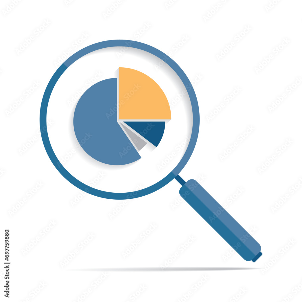 Poster magnifying glass icon in flat style. search loupe and diagrams on color background. zoom progress ch