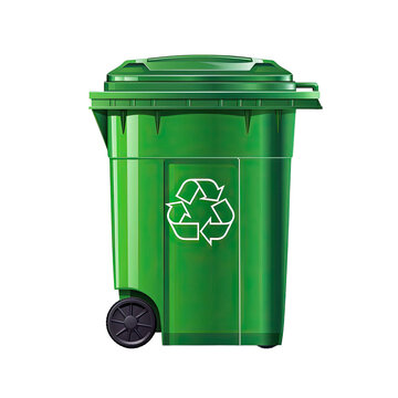 Green Garbage Container with Recycling Symbol, isolated on Transparent Background