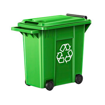 Green Garbage Container with Recycling Symbol, isolated on Transparent Background