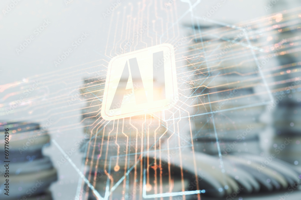 Poster double exposure of creative artificial intelligence icon on growing stacks of coins background. neur