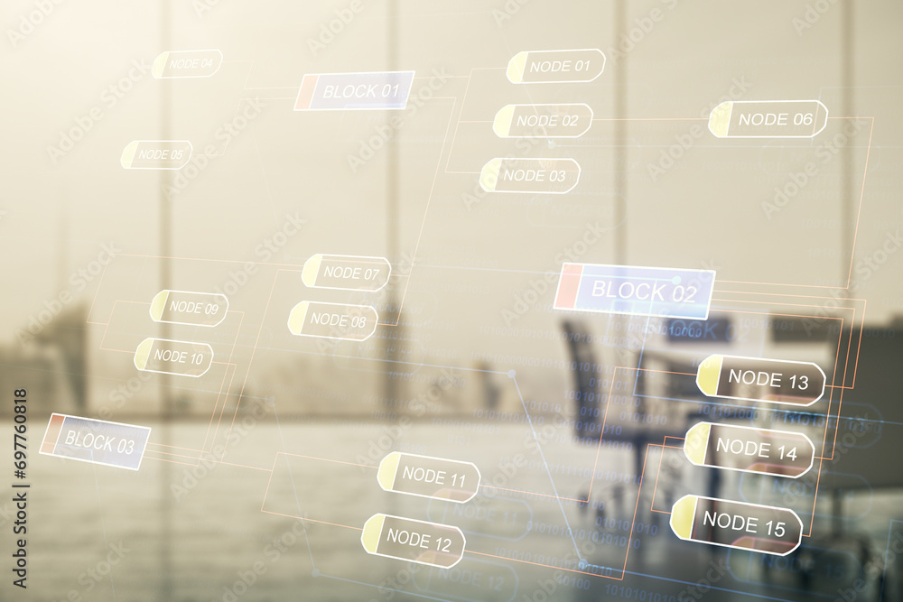 Poster multi exposure of abstract programming language hologram on a modern furnished office interior backg
