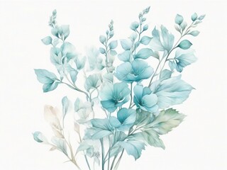 Watercolor illustration of wildflowers, plants, and leaves. Pastel green and blue colors on a white backround. Floral border.