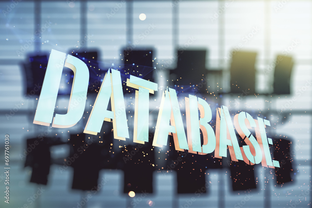 Poster Double exposure of creative Database word hologram on a modern meeting room background, research and development concept