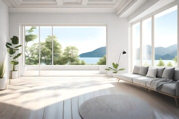 Inspiration of white empty room with summer landscape in window