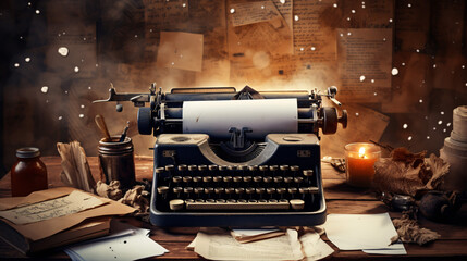 An antique typewriter sits atop an aged wooden table, enveloped by parchment and blotched with ink splotches.