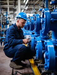 A staff member at a water distribution center examines pump valves and equipment in a substation for delivering purified water to a large commercial complex. Plumbing for industry.
