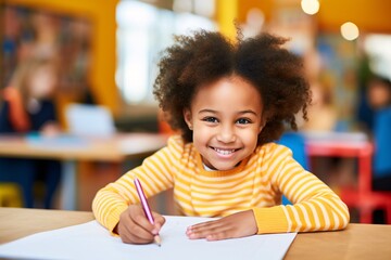 Confident African American preschool teacher smiling while documenting at kindergarten. - obrazy, fototapety, plakaty
