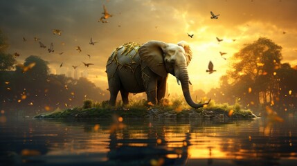 Elephant in the jungle with butterflies flying around - obrazy, fototapety, plakaty