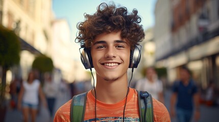 Genuine photo of cheerful adolescent guy with dental braces listening to music gazing at viewer while standing on sidewalk, with companions in the backdrop. Optimistic way of living, summertime idea. - obrazy, fototapety, plakaty