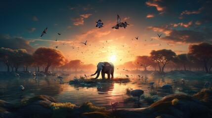 Elephant in the savannah at sunset