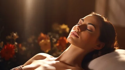 Fotobehang Massagesalon Stunning young lady indulging in spa massage with closed eyes on massage table for skin rejuvenation and relaxation.
