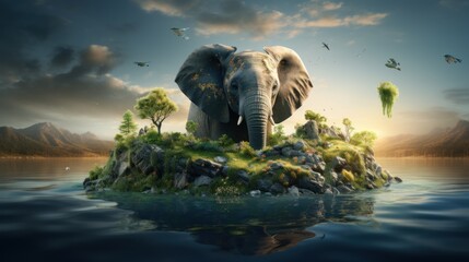 Elephant on island in lake. - obrazy, fototapety, plakaty