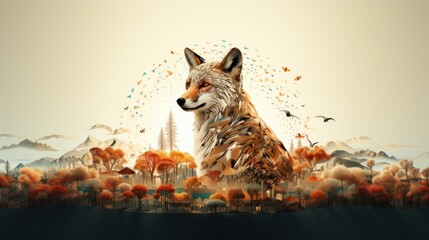 Fantasy landscape with a red fox and the city.