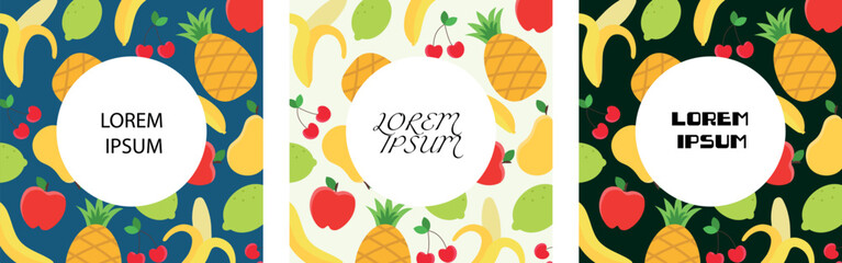 a set of posters depicting bright fruits. a modern poster about healthy delicious food on a colored background with an empty space for your text. Poster, banner, advertisement, business card