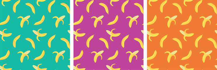 a set of seamless patterns of different colors with a banana. simple flat modern style, poster, banner, paper packaging, fabric design