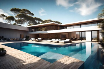 Fototapeta na wymiar Sea view swimming pool in modern loft design Luxury ocean Beach house