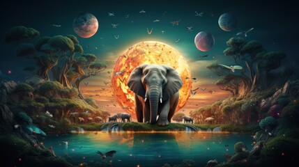 Fantasy landscape with an elephant on a background of the planet.
