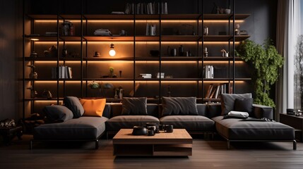 Dimly lit living area with sofa, storage shelves, and illuminated lights.