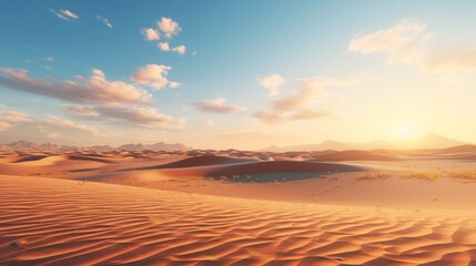 Fototapeta na wymiar A vast arid desert landscape under a scorching sun, with endless sand dunes rippling towards the horizon.