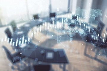 Double exposure of abstract creative financial chart hologram and world map on a modern meeting...