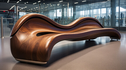 A contemporary, arched wood seat in the terminal interior view. - obrazy, fototapety, plakaty